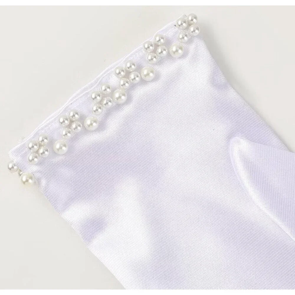 Women's White Satin Pearl Short Length Wrist Gloves Wedding Banquet Party Prom